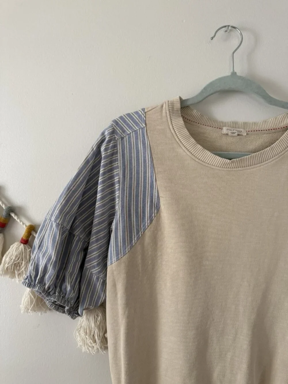 Anthropologie Pilcro Woven Stripe Puff Sleeve Cream Top Basics Coquette Coastal